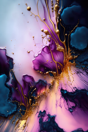 Abstract background with blue, purple and gold oil paint splashes. Abstract fluid texture backgroundの素材