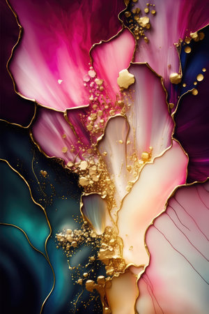 Abstract background with color blots and gold splashes.Abstract ink texture background. Ai generatedの素材