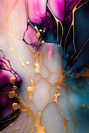 Abstract background with gold and blue paint splashes. Abstract fluid texture backgroundの素材