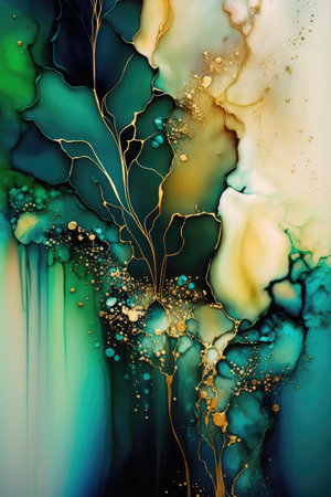 Abstract watercolor background with gold and turquoise colors. Abstract fluid texture background, ai generatedの素材