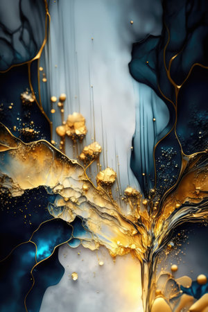 3d illustration of abstract fluid art background with blue and gold colors Abstract fluid texture background, ai generatedの素材