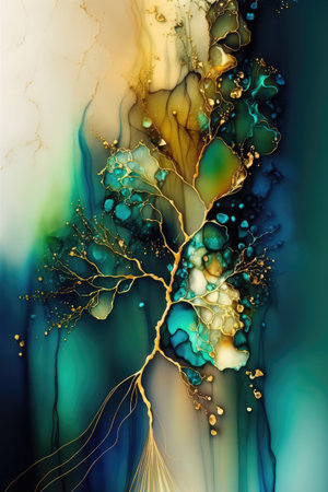 Abstract blue and green watercolor background with golden veins. Fantasy fractal design.Abstract fluid texture background, ai generatedの素材