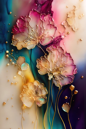 Abstract watercolor background with flowers. Hand-drawing illustration. Abstract fluid texture background, ai generatedの素材