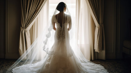 Beautiful bride in white wedding dress standing in the room near the window Ai generatedの素材