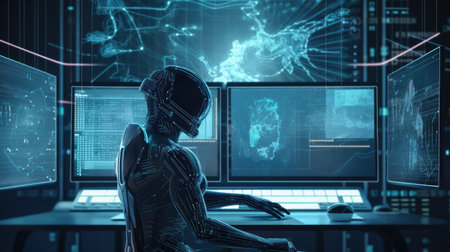 Cyborg woman with computer screen and data interface. Ai generatedの素材