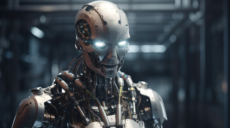 3d rendering humanoid robot working in a modern space station or factory Ai generatedの素材