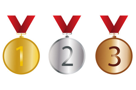 Three medals: Gold, Silver and Bronze are drawn on a white backgroundのイラスト素材