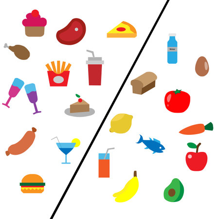 Healthy and bad food illustration. vector illustrationのイラスト素材