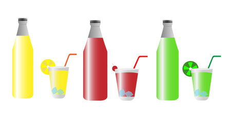 3 drinks in glass bottles and glasses are drawn on a white backgroundのイラスト素材