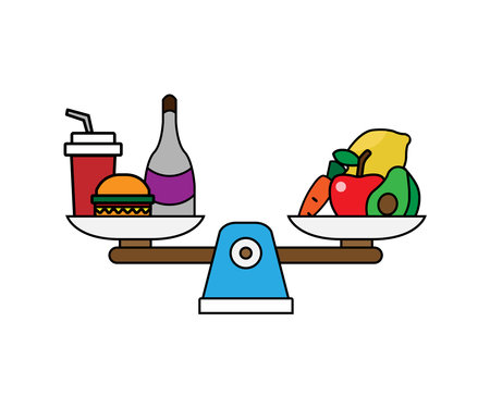 Scales with healthy and junk food. Vector illustration made on a white background and in a flat styleのイラスト素材