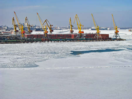 The Black Sea and The Port Are Covered with Ice. Handling Equipment On the Pier Waiting for The...