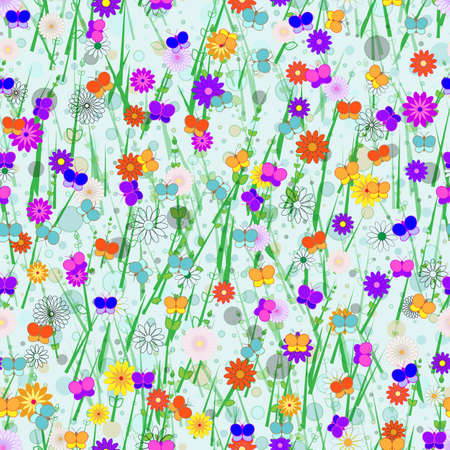 Seamless, Vector Abstract Image of Stylized Butterflies, Flowers and Grass On a Light Green Background. Application in Design Possibleのイラスト素材