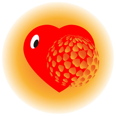 Vector Image of a Stylized Heart Peeking Out from Behind a Volumetric Ball On an Orange Gradient Dedicated to Valentine's Dayのイラスト素材