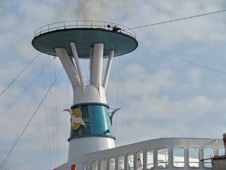 Ukraine, Odessa, October 25, 2008. The Exhaust Pipe of the Cruise Liner "Maxim Gorkiy". There Is a Light Smoke Coming Out of Itのeditorial素材