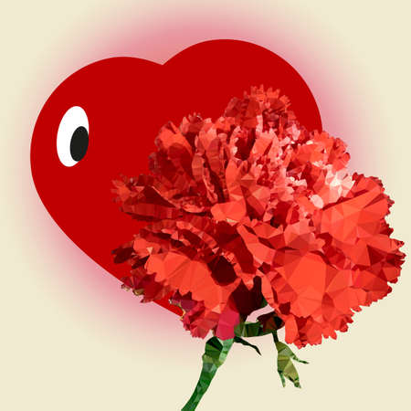 Vector, Stylized Image of a Heart Modestly Hiding Behind a Red Carnation Flower, Drawn by Triangulation. Can Be Used for Valentine's Dayのイラスト素材