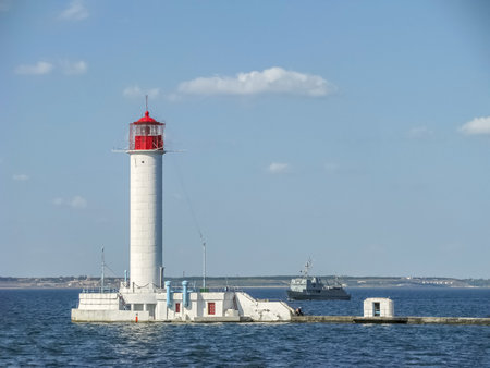 Ukraine, Odessa, Commercial Sea Port, June 15, 2011. View of the Vorontsovsky Lighthouse (Russian Language) From The Portのeditorial素材