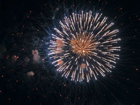 The Bright Ball of Fireworks Exploded with Fiery Spray in The Dark, Night Skyの写真素材