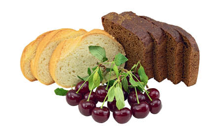 Still Life Photo of Cherry Fruits, Slices of Wheat and Rye Bread. Isolated On White Backgroundの写真素材