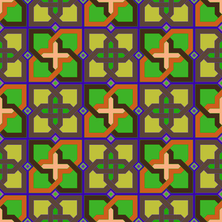 Seamless, Vector Image of Intersecting Rectilinear Figures Forming Stylized Crosses in Orange and Beige Tones. Possible Applications in Design and Textilesのイラスト素材
