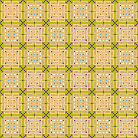 Seamless, Vector Image of Intertwining Rectangular Shapes and Crosses Forming a Repeating Pattern in Orange and Green Tones. Possible Applications in Design and Textilesのイラスト素材