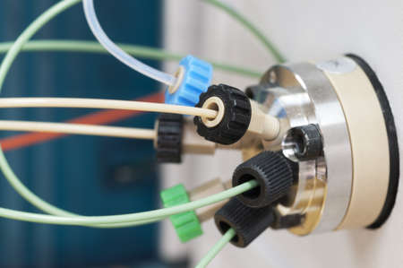 Tube lines for liquid in laboratory equipment, macro, local focusの写真素材