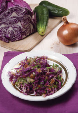 Salad with red cabbage, apple, onion, cucumber and dillの写真素材