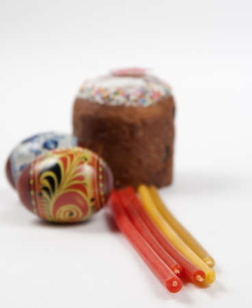 Easter holiday goods - cake, candles and eggs の写真素材