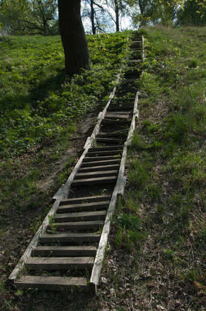 Old wooden ladder on the bent of a hillの写真素材