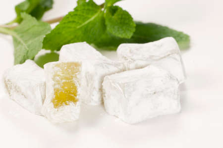 Lukum (Turkish Delight) with mint, macro shotの写真素材