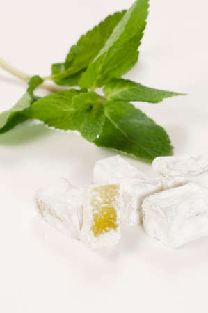 Lukum (Turkish Delight) with mint, macro shotの写真素材