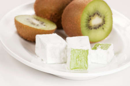 Lukum (Turkish Delight) with kiwi fruit, closeup shot, local focusの写真素材