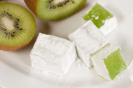Lukum (Turkish Delight) with kiwi fruit, closeup shot, local focusの写真素材