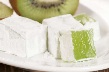 Lukum (Turkish Delight) with kiwi fruit, closeup shot, local focusの写真素材
