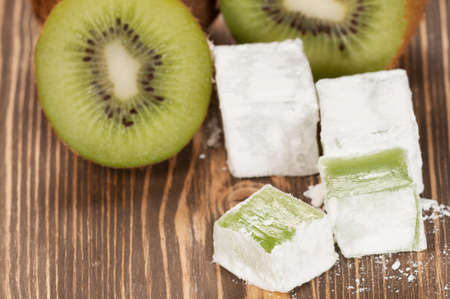 Lukum (Turkish Delight) with kiwi fruit, closeup shot, local focusの写真素材