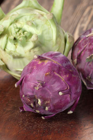 Kohlrabi cabbage on a board, close up shotの写真素材