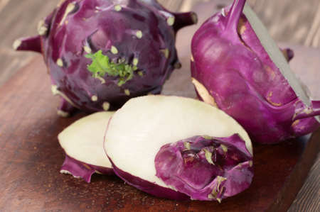 Kohlrabi cabbage on a board, close up shotの写真素材