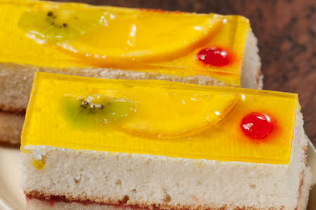 Angel cake with fruit, close up shot