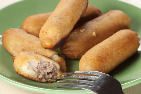 Potato pie with meat filling, close up shotの写真素材