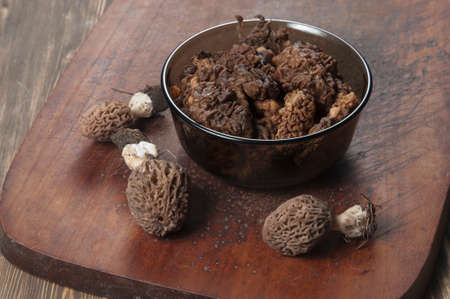 Morel fungus boiled, ready for frying, close up