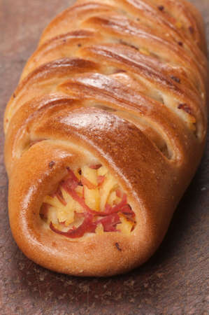 Pie with ham and cheese filling, clise up shotの写真素材