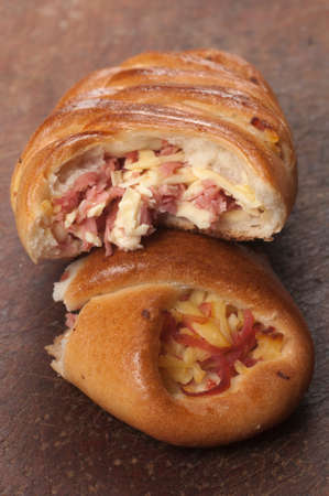 Pie with ham and cheese filling, clise up shotの写真素材