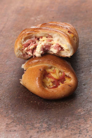 Pie with ham and cheese filling, clise up shotの写真素材