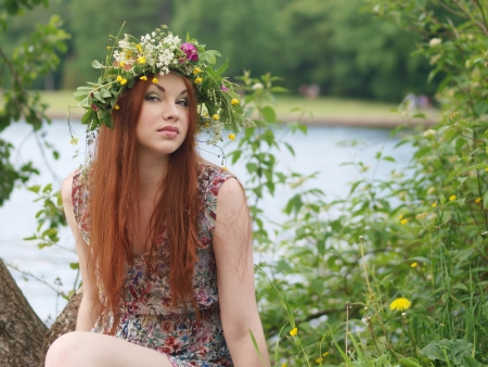 Girl in herbal crownの写真素材
