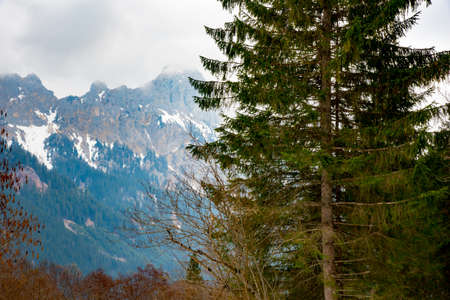 Beautiful winter landscape with clouds on mountainsの写真素材