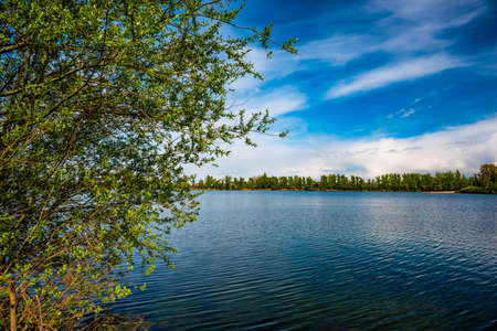 Beautiful spring water landscape in sunbeam in Germanyの写真素材