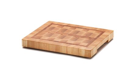 End grain wood butcher block cutting board isolated on white background. Full depth of field.の写真素材