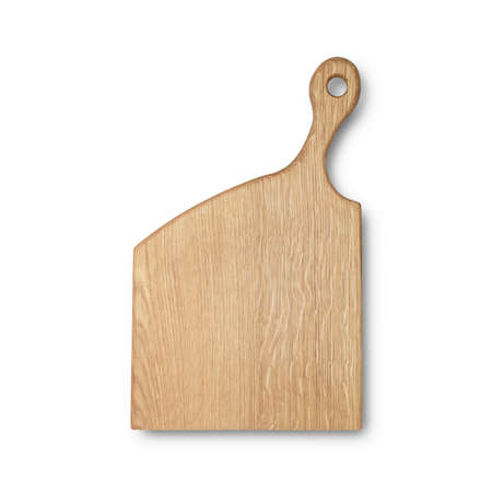 Oak handmade wood chopping board top view isolated over white background. Organic serving plateの写真素材