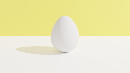 Egg on the white table and yellow background. 3d rendering. 3D illustration. Concept artwork.の写真素材