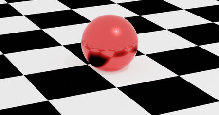 Red reflecting sphere lies on the chessboard. 3d illustration. 3d rendering.の写真素材