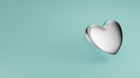 Silver heart above turquoise background with copy space. Valentine's Day Background. 3d illustration. 3d rendering.の写真素材